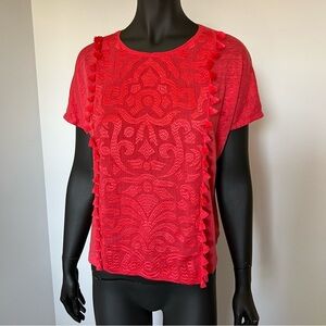 🌿 J.Crew Red Embroidered Front Linen Tee - Size S